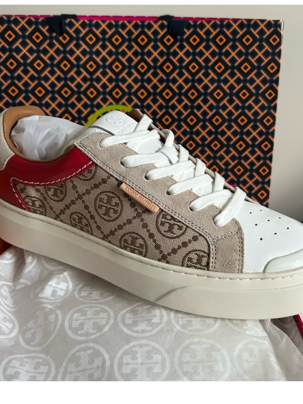 Tory Burch Beige Monogram & White Low-Top Sneaker with Red Heel